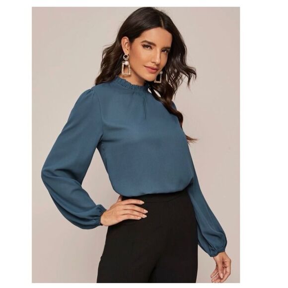SHEIN Women’s Frilled Neck Lantern Sleeve Blouse Top. Size Large. NWT - Picture 1 of 14